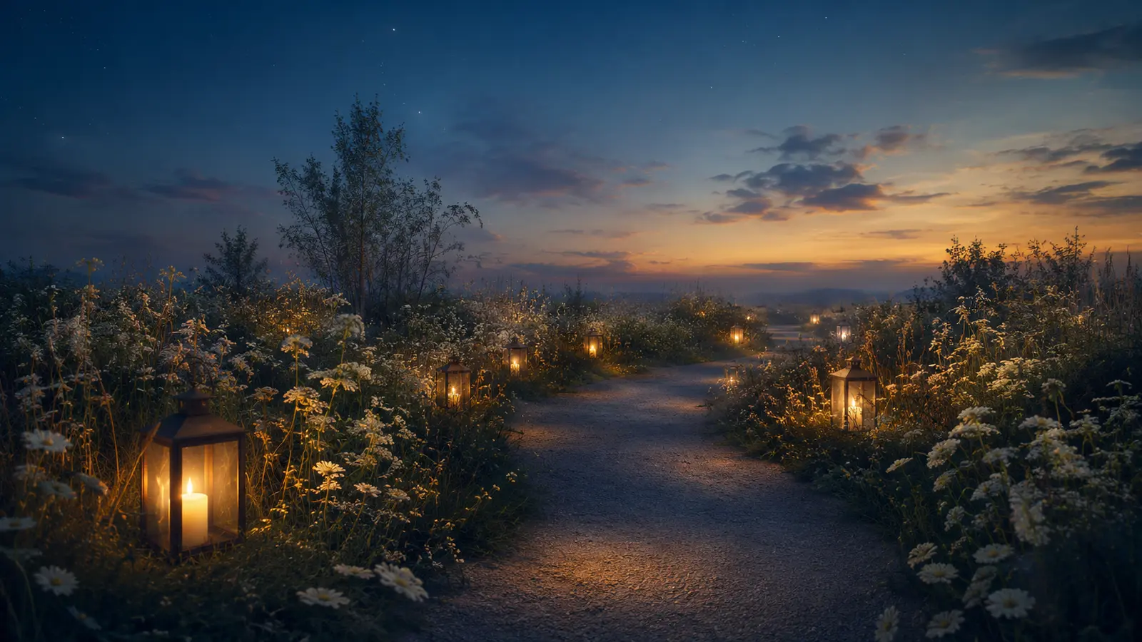 A peaceful dusk garden lined with glowing lanterns