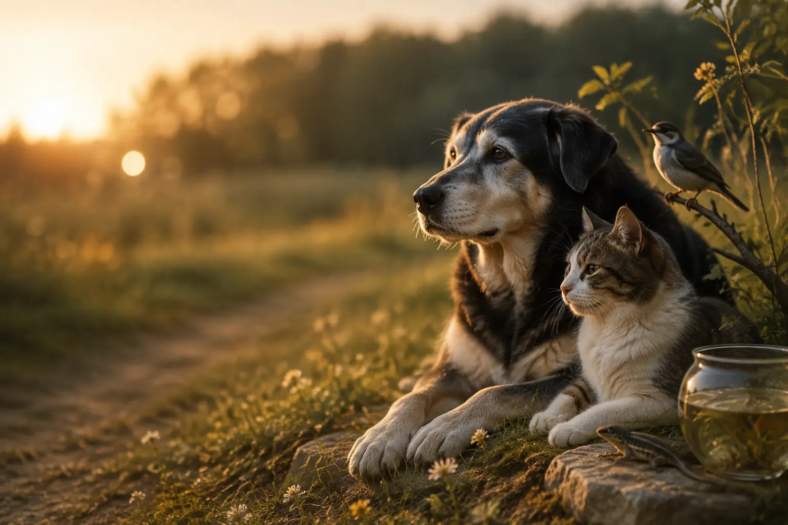 Beloved animal companions together in warm evening light